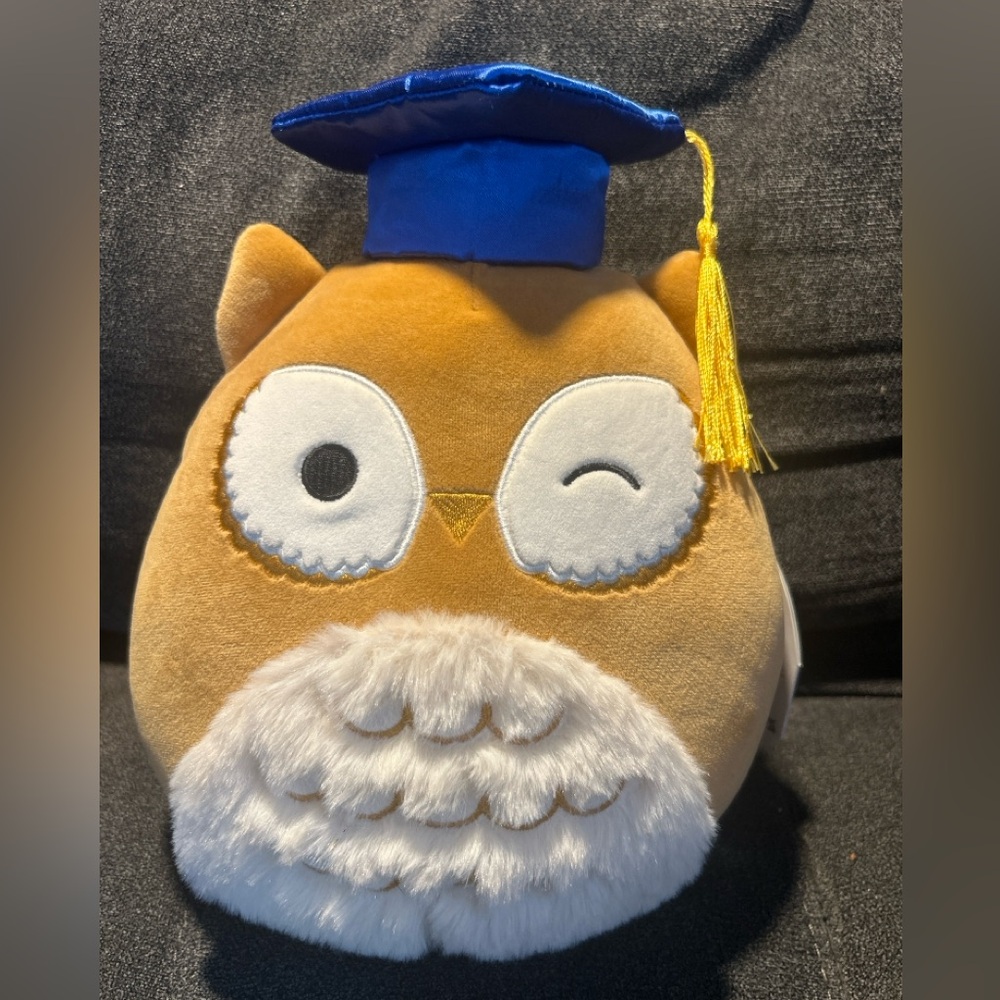 Plush Owl Toy with Blue Graduation Cap